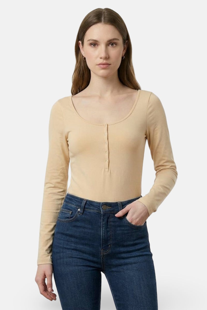 MONKI Women Solid Long Sleeve Bodysuit, Tan - Image 1