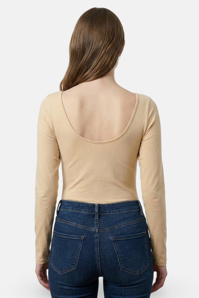 MONKI Women Solid Long Sleeve Bodysuit, Tan - Image 4