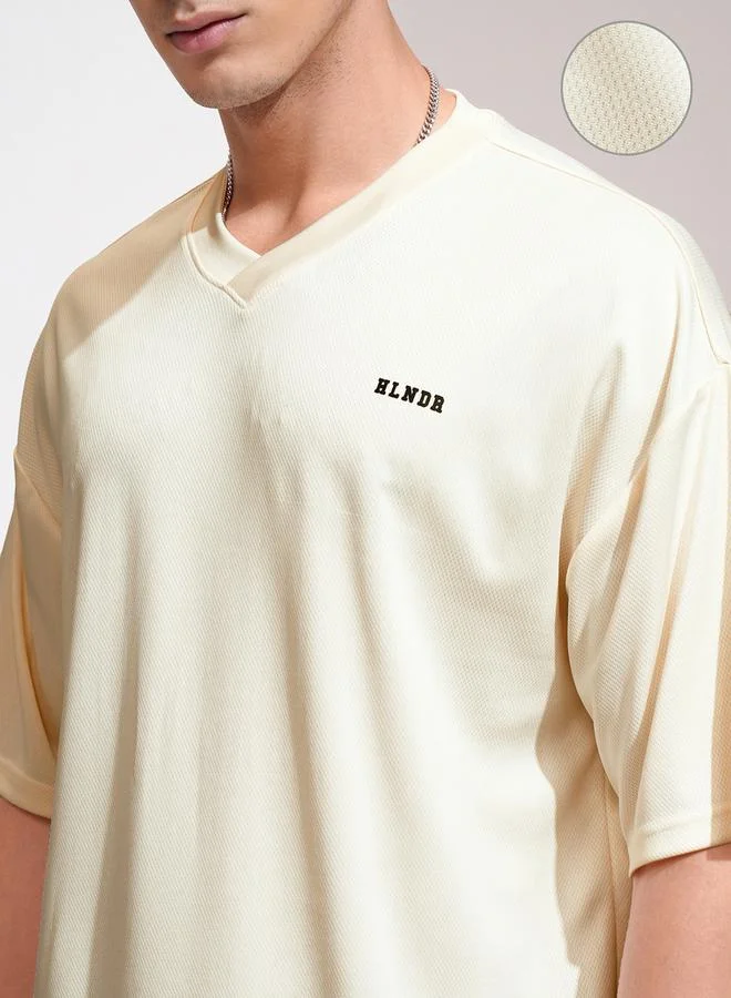 HIGHLANDER HIGHLANDER Solid Embroidered V-Neck Oversized T-Shirt