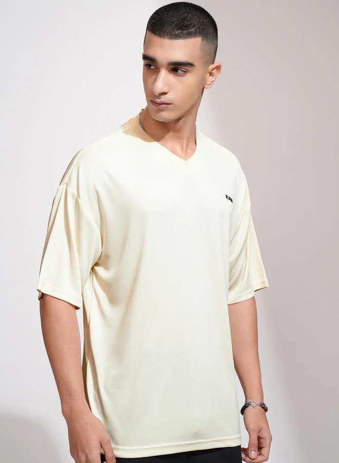 HIGHLANDER HIGHLANDER Solid Embroidered V-Neck Oversized T-Shirt