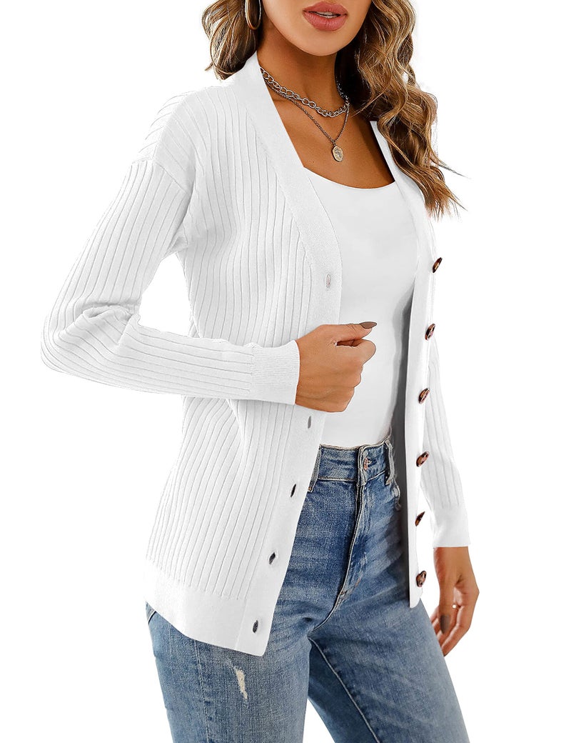 LIENRIDY Women's Long Sleeve Button Down Lightweight Soft Knit Cardigan Sweater, White, XL - Image 3