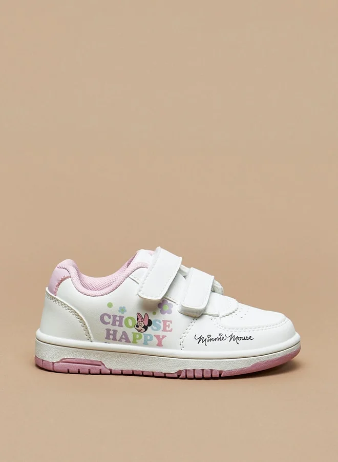 ديزني Girls Minnie Mouse Print Sneakers with Hook and Loop Closure