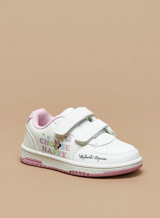 ديزني Girls Minnie Mouse Print Sneakers with Hook and Loop Closure