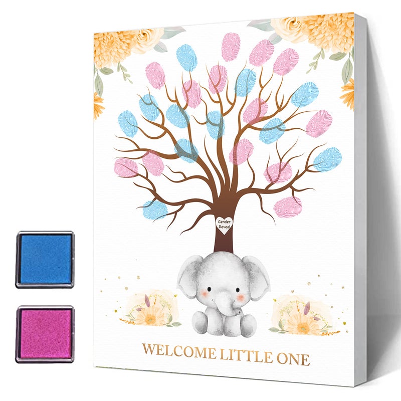 Misaidou Gender Reveal Fingerprint Tree Canvas Decoration Gender Reveal Party Elephant Baby Shower Guest Book Party Ideas Baby Shower Guest Book with Ink Pad