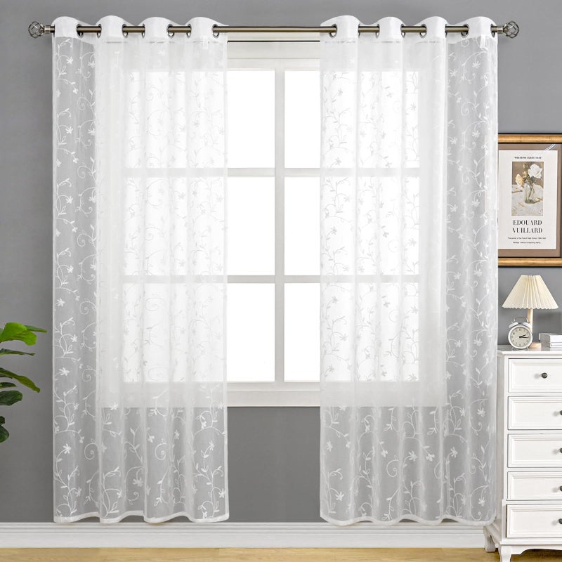 BGment White Sheer Curtains 84 inches Long for Living Room 2 Panels  Embroidered Flower Pattern Light Filtering Linen Textured Grommet Window Semi Sheer Voile Drapes  Each Panel 52 x 84 Inch - Image 1