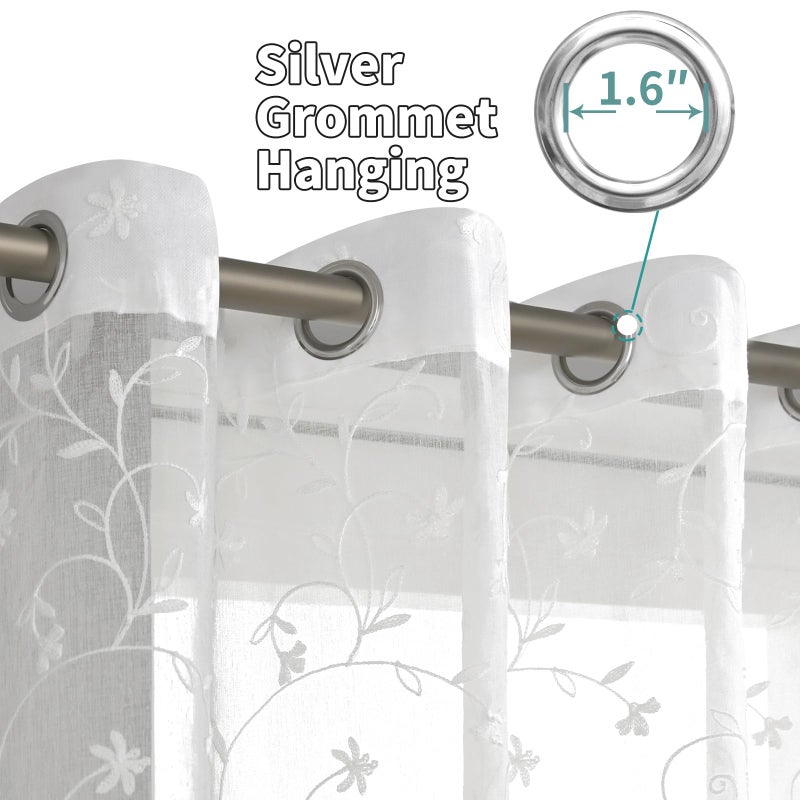 BGment White Sheer Curtains 84 inches Long for Living Room 2 Panels  Embroidered Flower Pattern Light Filtering Linen Textured Grommet Window Semi Sheer Voile Drapes  Each Panel 52 x 84 Inch - Image 5