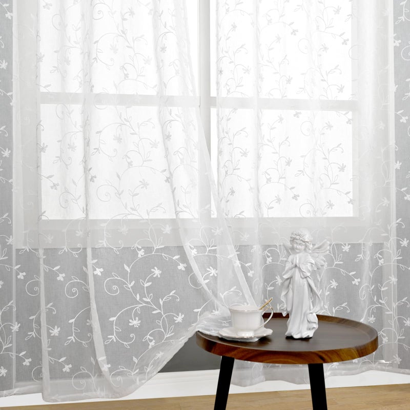 BGment White Sheer Curtains 84 inches Long for Living Room 2 Panels  Embroidered Flower Pattern Light Filtering Linen Textured Grommet Window Semi Sheer Voile Drapes  Each Panel 52 x 84 Inch - Image 3