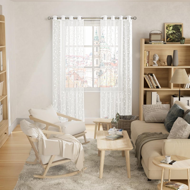 BGment White Sheer Curtains 84 inches Long for Living Room 2 Panels  Embroidered Flower Pattern Light Filtering Linen Textured Grommet Window Semi Sheer Voile Drapes  Each Panel 52 x 84 Inch - Image 2