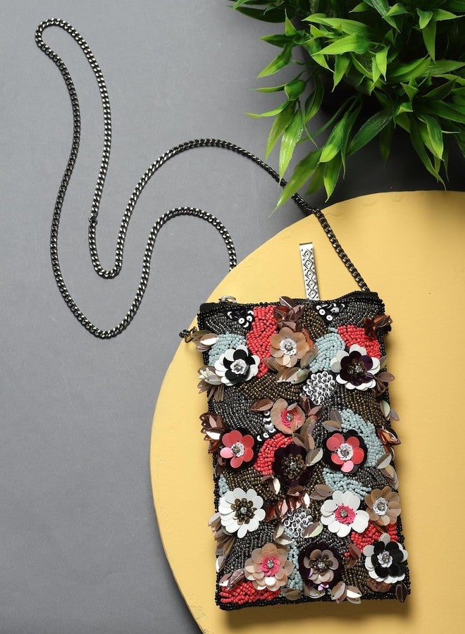 Anekaant Ghoomar Black & Multi Floral Embellished Cotton Canvas Sling Bag - Image 3