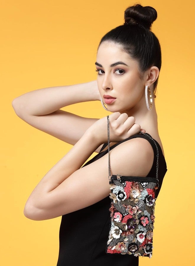 Anekaant Ghoomar Black & Multi Floral Embellished Cotton Canvas Sling Bag - Image 2