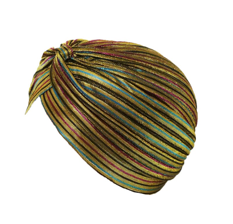 Fashion 21] Women's Pleated Glittered Turban Hat Head Wear (Gold Multi) - Image 1