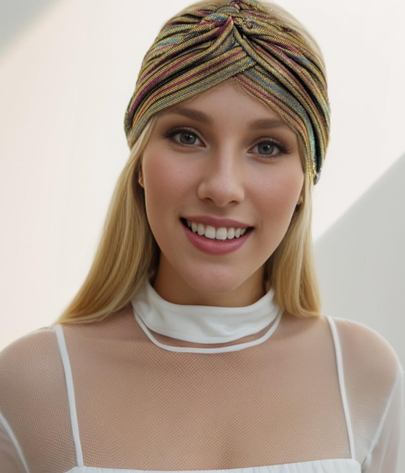 Fashion 21] Women's Pleated Glittered Turban Hat Head Wear (Gold Multi) - Image 3