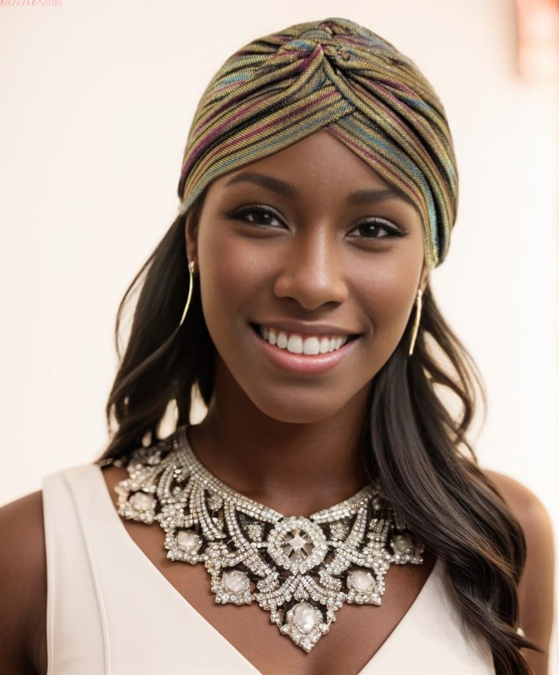 Fashion 21] Women's Pleated Glittered Turban Hat Head Wear (Gold Multi) - Image 5