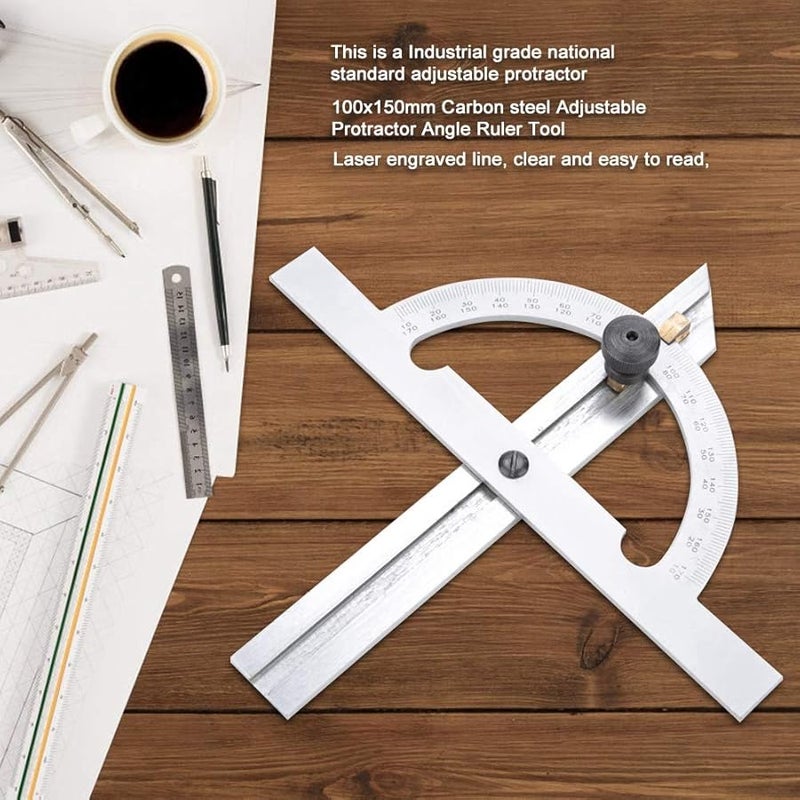 Carbon Steel Adjustable Protractor Angle Ruler 100x150mm Engraved Durable Metal Tool - Image 3