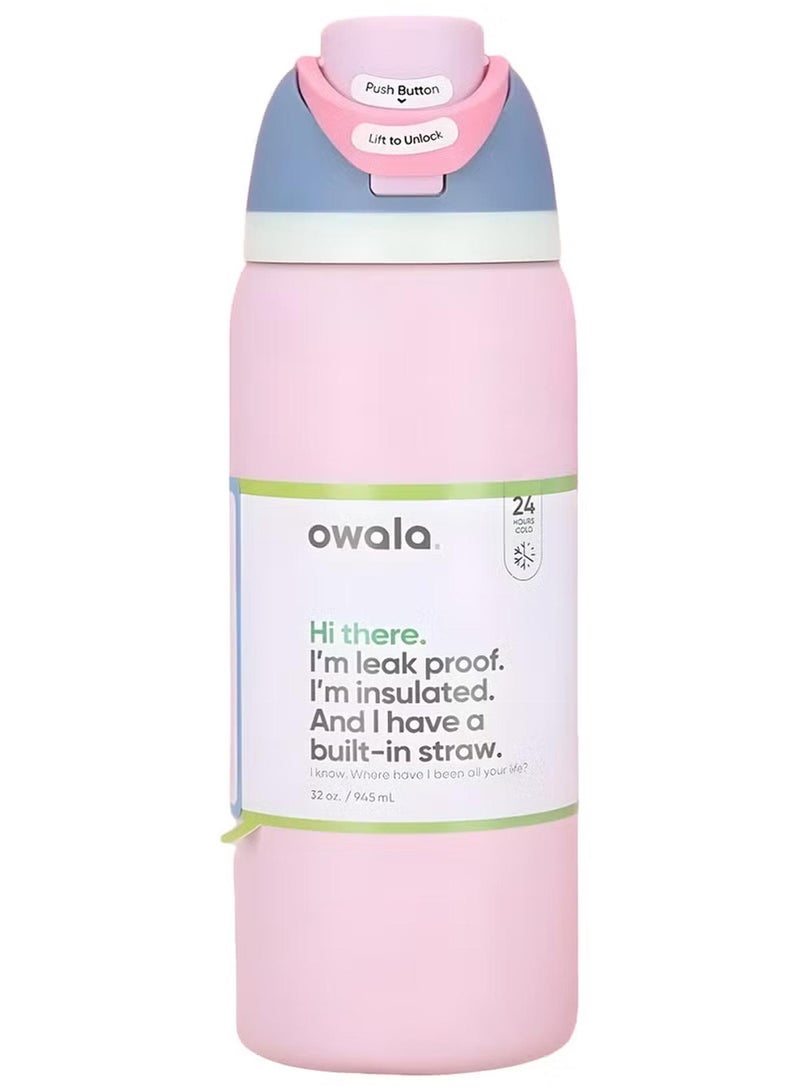 Owala FreeSip Insulated Stainless Steel Water Bottle with Straw, Leak Proof, BPA-Free, 950ml, Iced Breeze, 1-Pack, (Macaron Strawberry) - Image 1