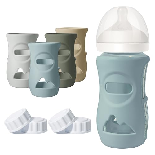 Joxodak 4 Pack Silicone Sleeves for Philips Avent Natural Glass Baby Bottles, Food Grade Silicone Cover and 4pcs Travel Caps, Lids Replacement (Dark Blue+Dark Green+Grey+Beige, 8oz) - Image 1
