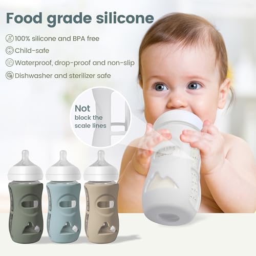 Joxodak 4 Pack Silicone Sleeves for Philips Avent Natural Glass Baby Bottles, Food Grade Silicone Cover and 4pcs Travel Caps, Lids Replacement (Dark Blue+Dark Green+Grey+Beige, 8oz) - Image 2