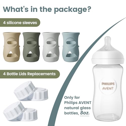 Joxodak 4 Pack Silicone Sleeves for Philips Avent Natural Glass Baby Bottles, Food Grade Silicone Cover and 4pcs Travel Caps, Lids Replacement (Dark Blue+Dark Green+Grey+Beige, 8oz) - Image 3