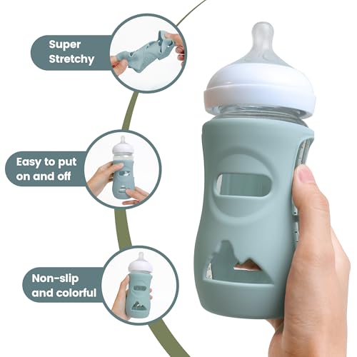 Joxodak 4 Pack Silicone Sleeves for Philips Avent Natural Glass Baby Bottles, Food Grade Silicone Cover and 4pcs Travel Caps, Lids Replacement (Dark Blue+Dark Green+Grey+Beige, 8oz) - Image 5