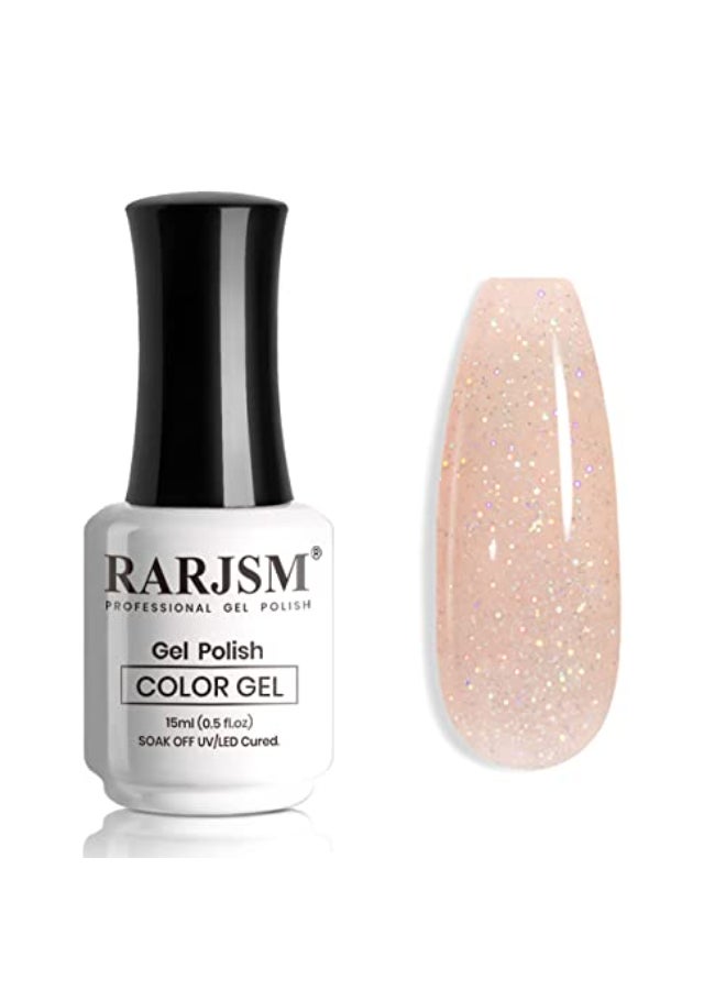 RARJSM Nude Gel Polish Peach Pink Rainbow Glitter Neutral Jelly Color Iridescent Shimmery Gel Nail Polish Sparkle Pink Natural Soak off UV LED Cured for Home Salon DIY Nail Art 15ml Single Bottle - Image 1