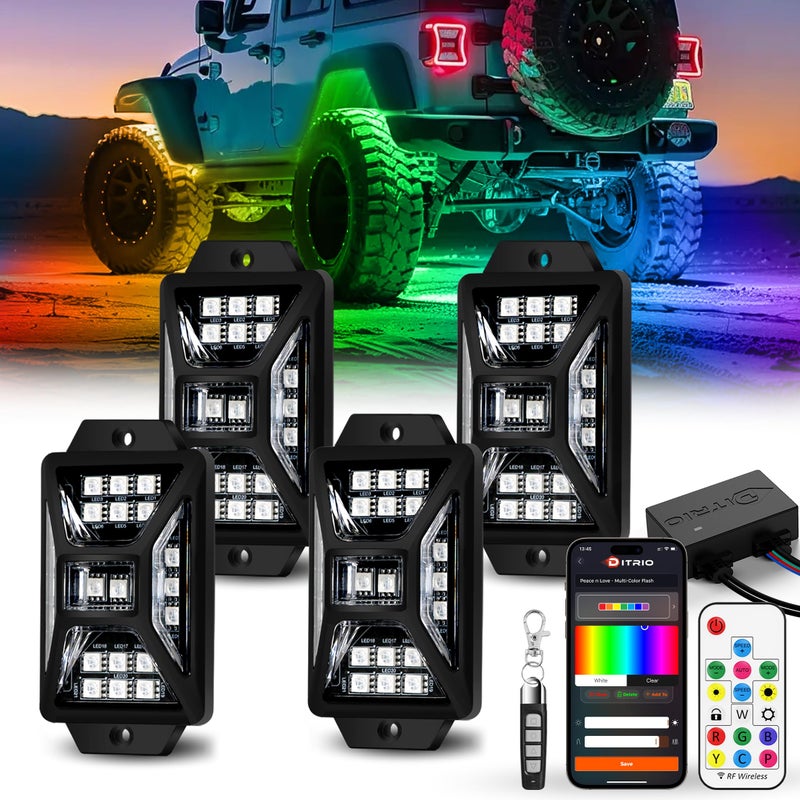 DITRIO 4 Pods Five Sided RGB Rock Lights for Trucks Jeep UTV SUV ATV Golf Cart Multi Chasing Color AppRemote Control Led Rock Lights with Music Mode Waterproof Exterior Underglow Kits for Cars - Image 2