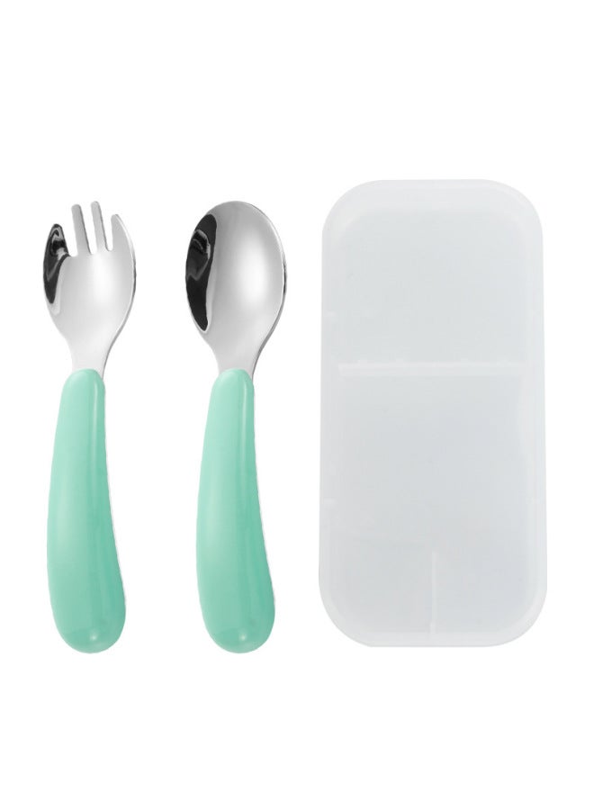 304 Stainless Steel Children's Cartoon Tableware Feeding Household Spoon Baby Food Supplement Tableware Spoon Fork Two-piece Set-Specifications:Green Spoon Fork (including Portable Box And Color Box) - Image 1