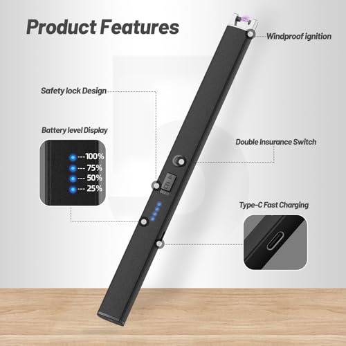 VEHHE Candle Lighter, Windproof Pulse Electric Lighter with Anti-False-Touch Lock and Led Display, Lighters for Candle BBQ Camping Festivals-Black - Image 2