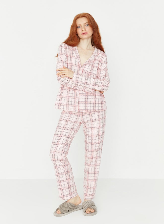Pink 100% Cotton Plaid Knitted Pajama Set THMAW20PT0266