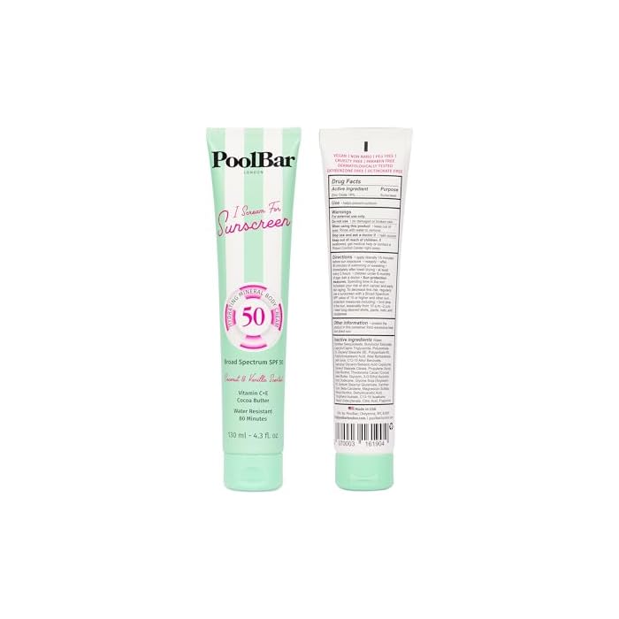 PoolBar SPF 50 Hydrating Mineral Body Sunscreen Cream for Women and Men Skin Care - Coconut Vanilla Scent Sun Care, Vegan and Water Resistant, Broad Spectrum Sunscreen, 130 ml (4.3 Fl. Oz)