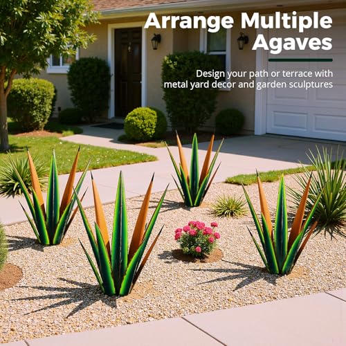 KODIBO 24” Large Metal Agave Plants Outdoor Decor, Vintage Green Tequila Rustic Sculpture Outdoor Statues, Agave Metal Plants for Yard Garden Lawn Ornaments，Artisan Metal Agave Landscape Decor - Image 2