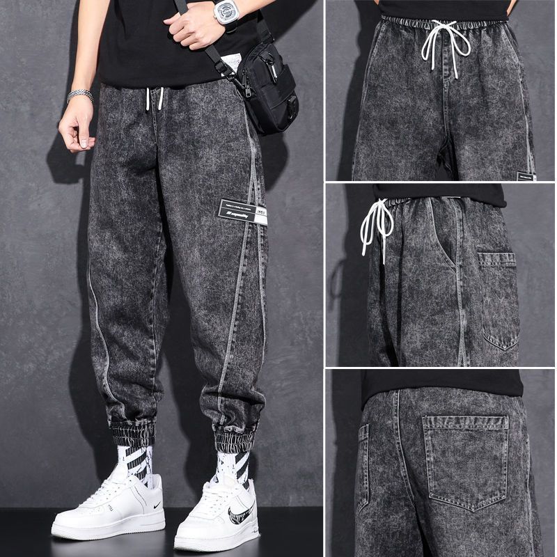 [1902 peoples collection] jeans mens loose spring and autumn toe Harlan pants new trend Joker casual nine Black gray a27