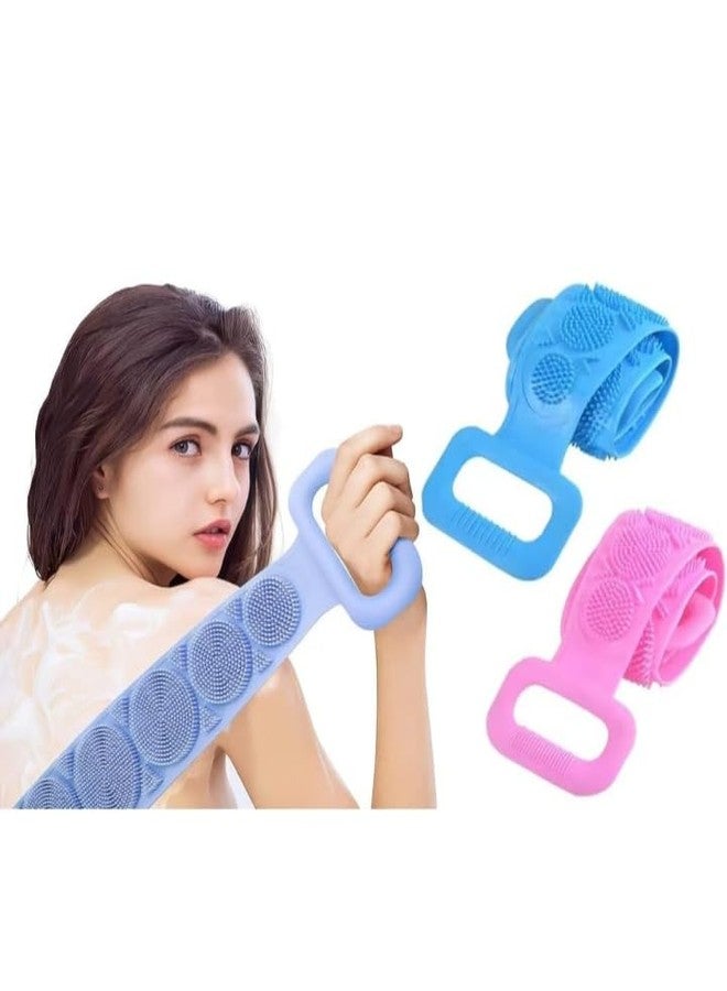 Silicone Body Back Scrubber, Double Side Bathing Brush for Skin Deep Cleaning Massage, Dead Skin Removal Exfoliating Belt for Shower, Body Brush for Bathing (Blue colour) Pack of 2 - Image 1