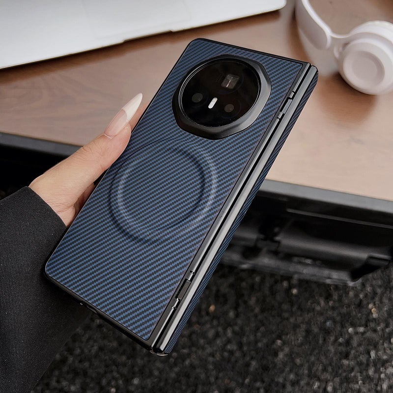 erorex For Honor Magic V5 Folding Shaft Magsafe Carbon Fiber Texture Leather Phone Case(Dark Blue) - Image 1