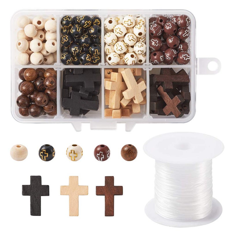 Beadthoven 211pcs Wooden Cross Beads Acrylic Bead 8mm Round Ball Cross Loose Chunky Beads Charms with Elastic Thread for Rosary Holy Jewelry Making