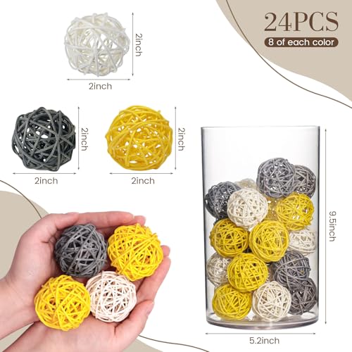 DomeStar 24PCS Yellow Decorative Balls for Bowl Centerpiece, 2 Inch Rattan Bowl Fillers - Wicker Twig Orbs Spheres for Yellow Kitchen Decor, Wedding Home Vase Table Decor - Image 2