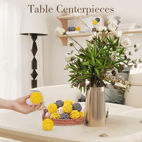 DomeStar 24PCS Yellow Decorative Balls for Bowl Centerpiece, 2 Inch Rattan Bowl Fillers - Wicker Twig Orbs Spheres for Yellow Kitchen Decor, Wedding Home Vase Table Decor - Image 4