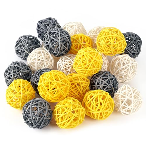 DomeStar 24PCS Yellow Decorative Balls for Bowl Centerpiece, 2 Inch Rattan Bowl Fillers - Wicker Twig Orbs Spheres for Yellow Kitchen Decor, Wedding Home Vase Table Decor - Image 1