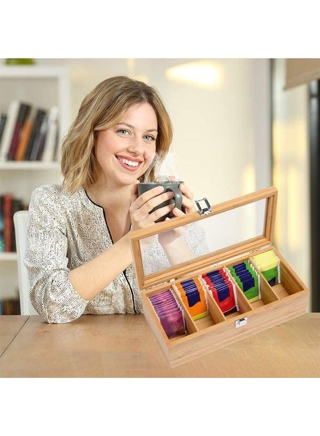 منظم أكياس الشاي، صندوق تخزين الشاي الخشبي مكون من 5 أقسام مع غطاء شفاف، حاوية صندوق الشاي، منظم الشاي الريفي لأكياس الشاي، وكبسولات القهوة، والسكر - Image 5