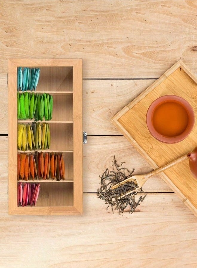 منظم أكياس الشاي، صندوق تخزين الشاي الخشبي مكون من 5 أقسام مع غطاء شفاف، حاوية صندوق الشاي، منظم الشاي الريفي لأكياس الشاي، وكبسولات القهوة، والسكر - Image 3