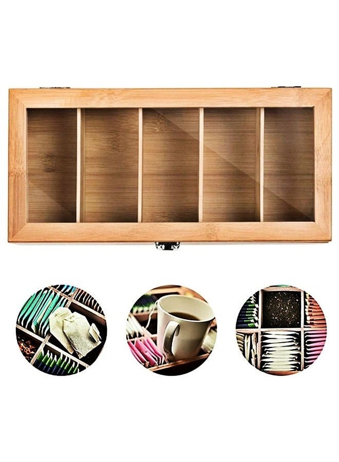 منظم أكياس الشاي، صندوق تخزين الشاي الخشبي مكون من 5 أقسام مع غطاء شفاف، حاوية صندوق الشاي، منظم الشاي الريفي لأكياس الشاي، وكبسولات القهوة، والسكر - Image 4