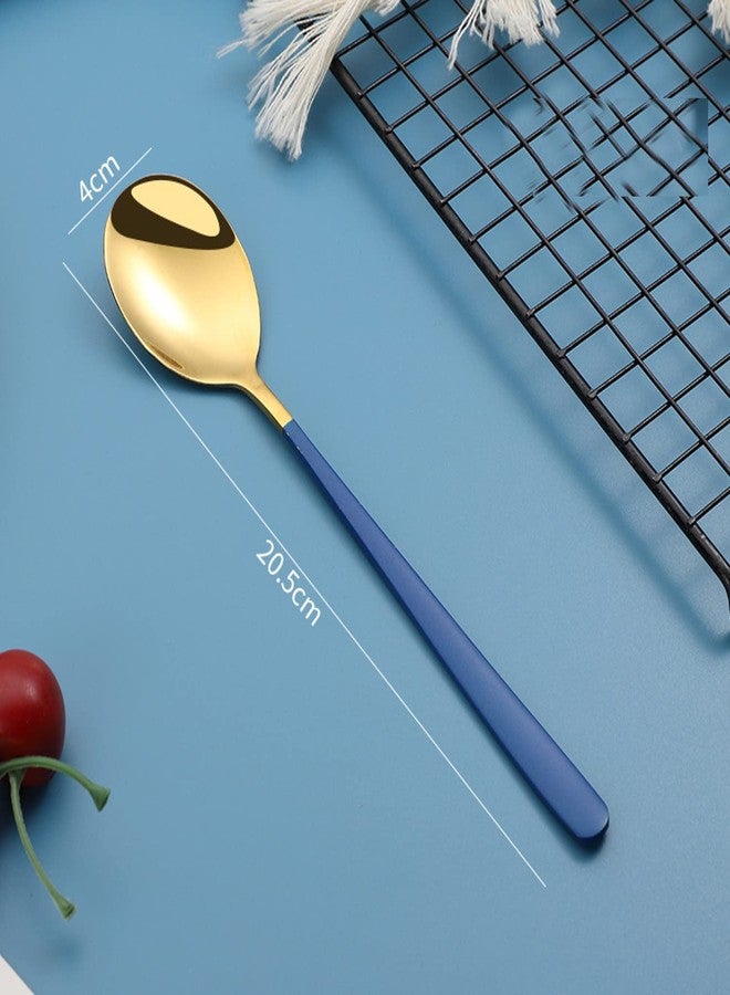 HomeAra Premium Stainless Steel Serving Spoon Set Non-Stick Round Head Soup Spoons for Kitchen and Home Use Exquisite Table Spoon Cutlery Chamach for Serving Rice, Pasta, (Gold Blue, 2,PCS) - Image 2