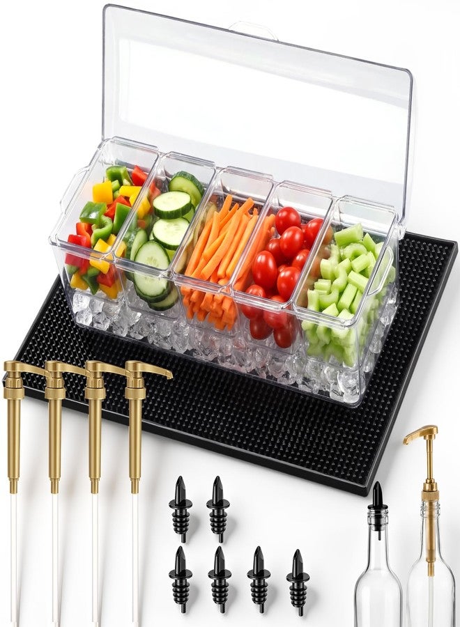 LemonRoad Bar Caddy 5 Compartment with 4 Gold Coffee Syrup Pump 6 Pourer Bartending Supplies Bar Cart Accessories Chilled Condiment Server Caddy Pizza Topping Station for Pouring Home Party - Image 1