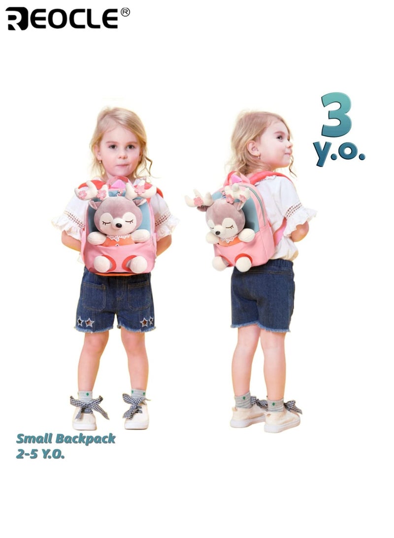 REOCLE Kids Plush Backpack with Stuffed Animal Doll Lovely Toddler Backpack Cartoon Preschool Purse for Daily Outings Nursery School Trips Design Easy to Carry Soft Material Lightweight Ideal for Kids Girls Boys - Image 2