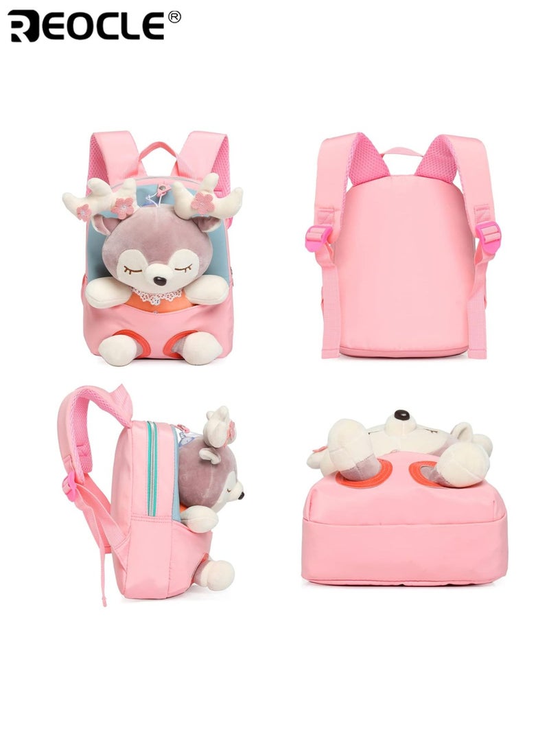 REOCLE Kids Plush Backpack with Stuffed Animal Doll Lovely Toddler Backpack Cartoon Preschool Purse for Daily Outings Nursery School Trips Design Easy to Carry Soft Material Lightweight Ideal for Kids Girls Boys - Image 3