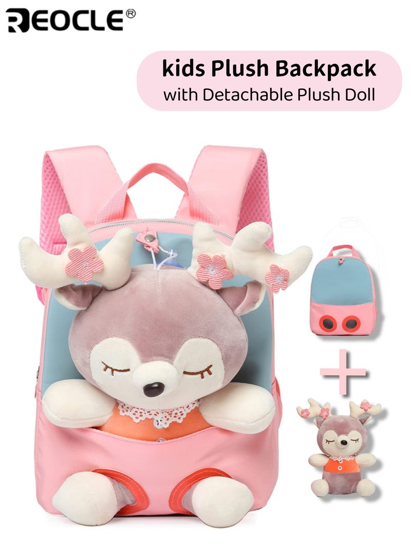 REOCLE Kids Plush Backpack with Stuffed Animal Doll Lovely Toddler Backpack Cartoon Preschool Purse for Daily Outings Nursery School Trips Design Easy to Carry Soft Material Lightweight Ideal for Kids Girls Boys - Image 1