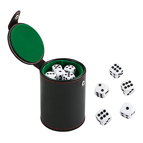GWHOLE Leather Dice Cup Set with Storage Compartment Felt Lining Shaker with 5 Dot Dices for Farkle Yahtzee Games Playing Birthday Gift Green - Image 1