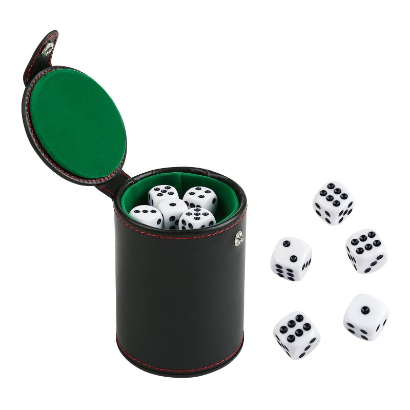 GWHOLE Leather Dice Cup Set with Storage Compartment Felt Lining Shaker with 5 Dot Dices for Farkle Yahtzee Games Playing Birthday Gift Green - Image 3