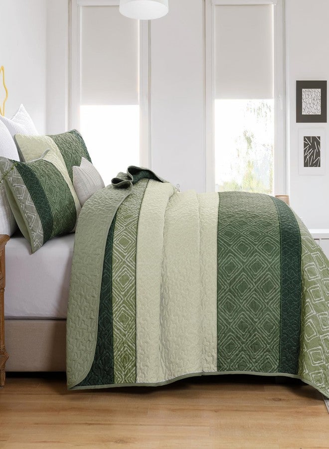 Cottolester Green Queen Quilt Set,Striped Plaid Bedspread Coverlet Set,Boho Summer Bedding Set Soft Microfiber Bedding Set with 2 Pillow Shams 96"x90" - Image 3