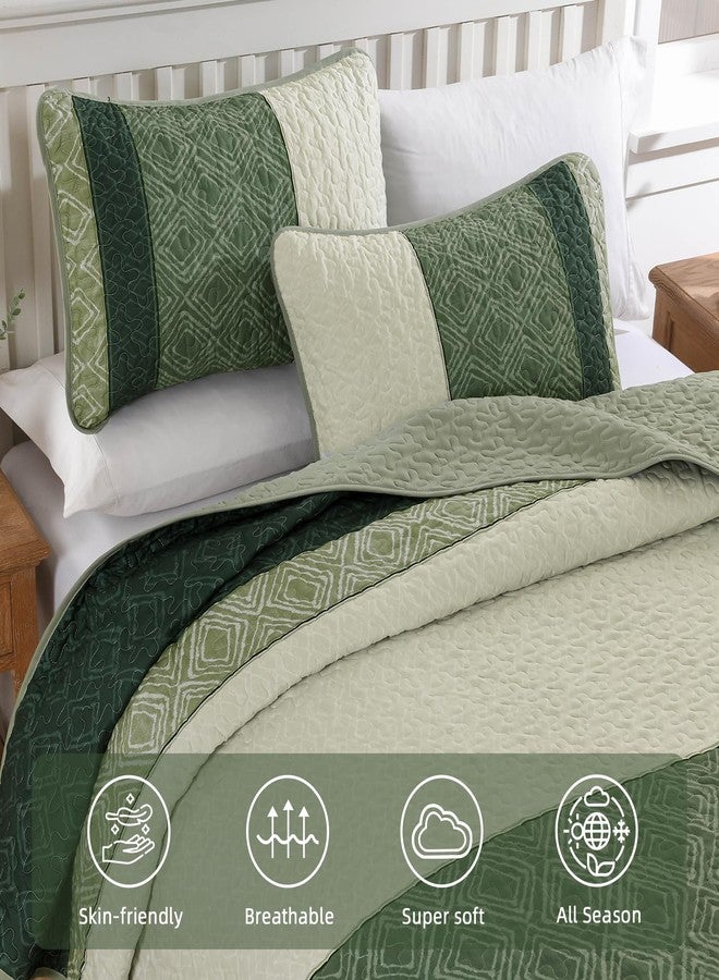 Cottolester Green Queen Quilt Set,Striped Plaid Bedspread Coverlet Set,Boho Summer Bedding Set Soft Microfiber Bedding Set with 2 Pillow Shams 96"x90" - Image 4