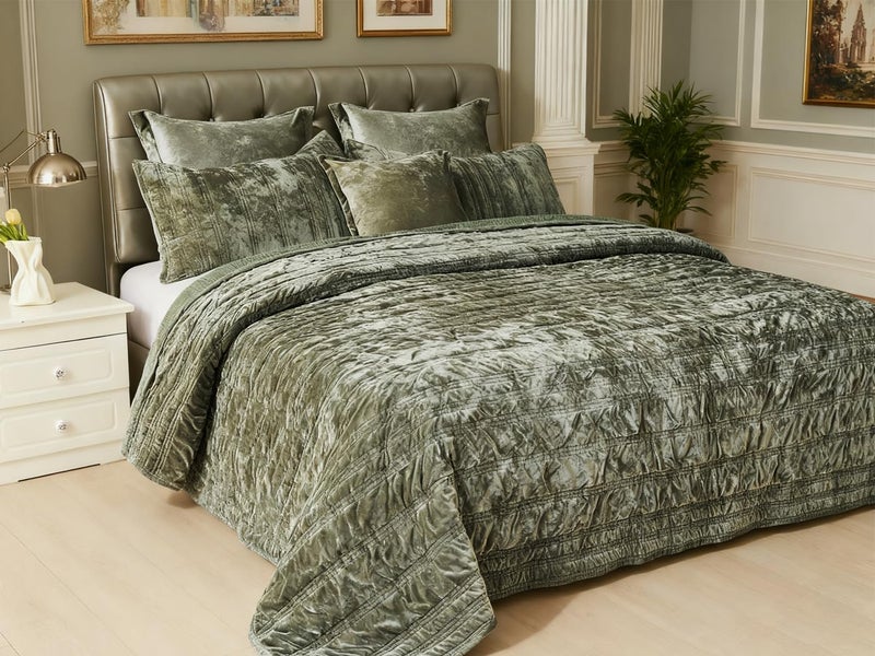 COCOPLOCEUS 3 Pieces Luxurious Velvet California King Quilts Set 106x118 Ruched Bedspread Coverlet Quilted Bedding Set with 2 Pillow Shams 20x36 Ultra Soft Comforter for All Season, Army Green - Image 3